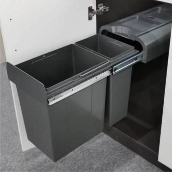 ELITE 30L Twin Slide Out Left Side Mounted Slim Profile Concealed Waste Bin (for 30cm cupboard)