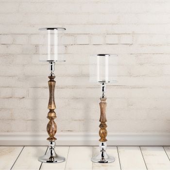 SSH COLLECTION Donna 84cm Tall Hurricane Lamp - Natural Timber and Polished Nickel