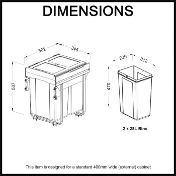 ELITE Domestique Plus 56L Twin Slide Out Bottom Mounted Concealed Waste Bin (for 40cm cupboard) - includes Door Bracket