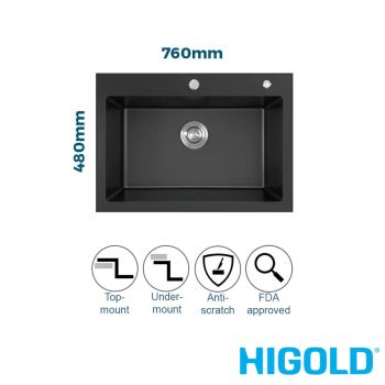 HIGOLD 76cm Single Bowl Quartz Granite Composite Kitchen Sink - Black