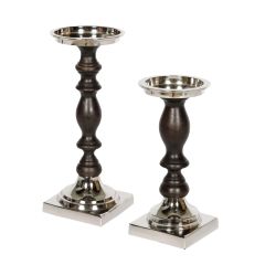 Set of 2 SSH COLLECTION Lucille 23 and 30cm Tall Single Candle Holders - Black Timber and Nickel