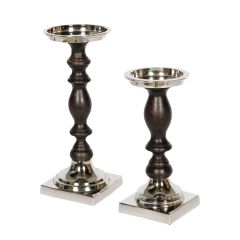 Set of 2 SSH COLLECTION Lucille 23 and 30cm Tall Single Candle Holders - Black Timber and Nickel