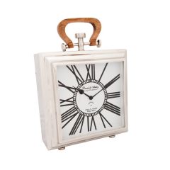 SSH COLLECTION Daniel & Ashley Table Clock with Square White Face and Wooden Handle - Nickel