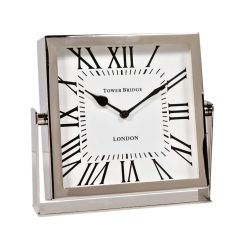 SSH COLLECTION Tower Bridge 22.5cm Tall Desk Clock with Square White Face - Nickel