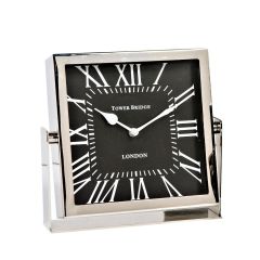 SSH COLLECTION Tower Bridge 17cm Tall Desk Clock with Square Black Face - Nickel