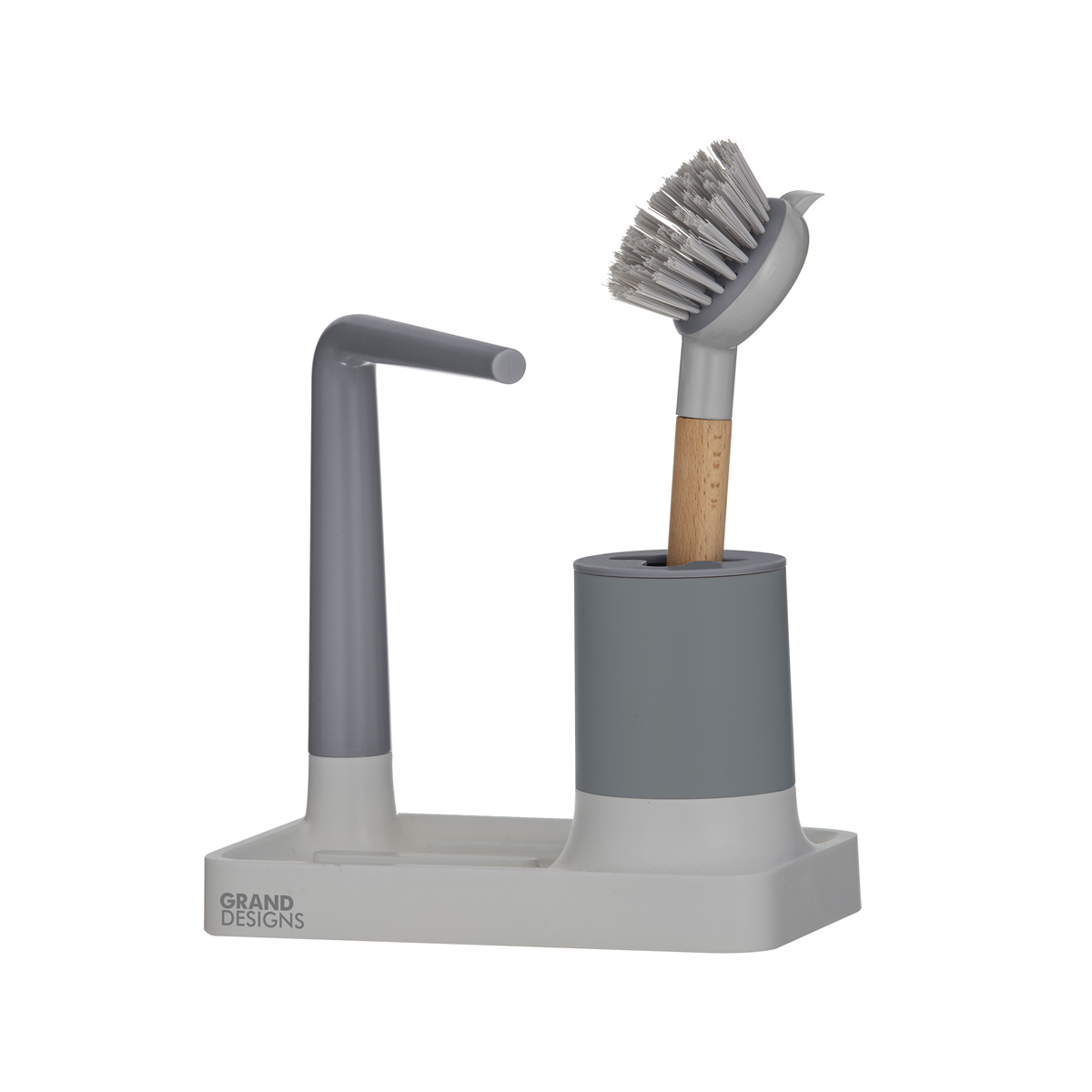 GRAND DESIGNS Kitchen Sink Organiser with Brush Holder - Grey/Natural