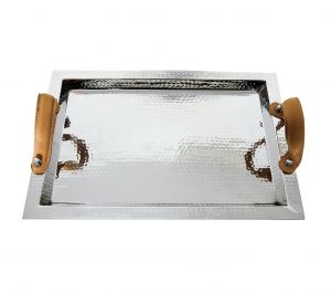 SSH COLLECTION Polo Serving Tray - Hammered Nickel with Brown Leather Handles