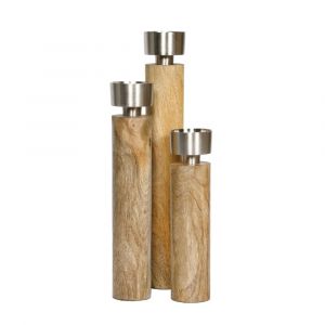 Set of 3 SSH COLLECTION James 30.5, 37 and 44cm Tall Candle Holders - Timber and Brushed Silver