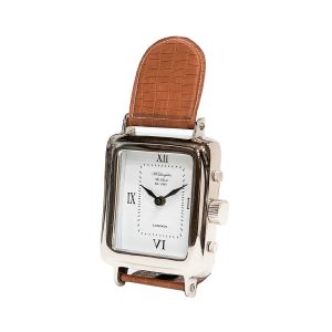 SSH COLLECTION Mclaughlin & Scott 30cm Tall Desk Clock with Brown Leather Band White Face