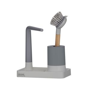 GRAND DESIGNS Kitchen Sink Organiser with Brush Holder - Grey/Natural