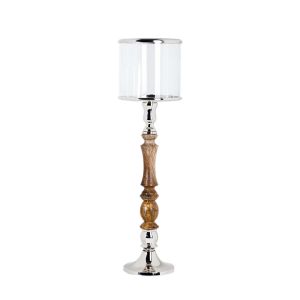 SSH COLLECTION Donna 84cm Tall Hurricane Lamp - Natural Timber and Polished Nickel